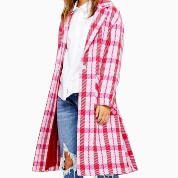 TOPSHOP Suzy Check Plaid Pink Side Split Jacket - Picture 1 of 10